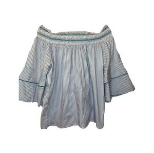 Pink and Green Off the Shoulder Ruched Top